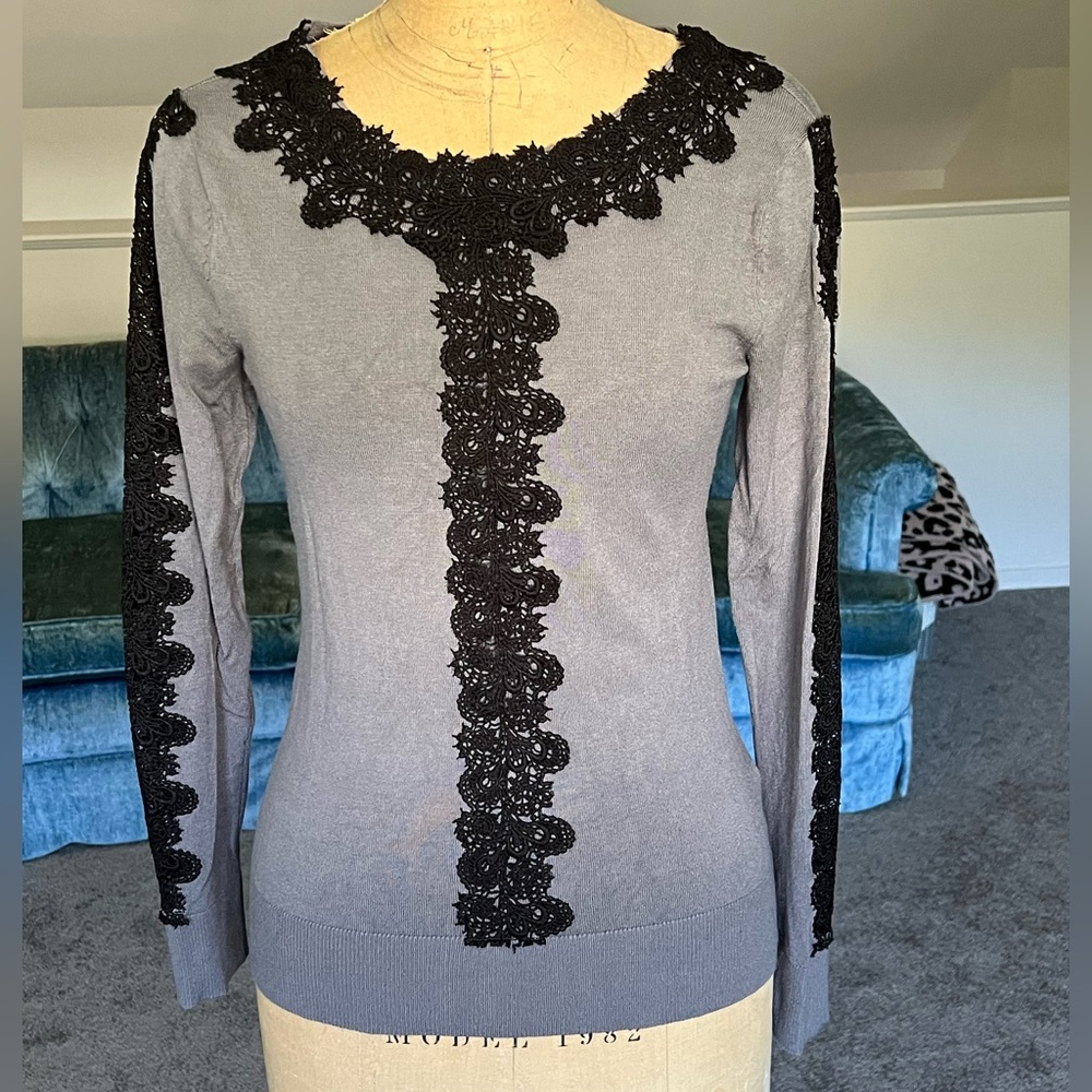 New York & Company gray sweater with black lace detail
